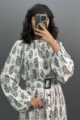 Yaprak Desen Kemerli Gömlek Elbise SK-8090